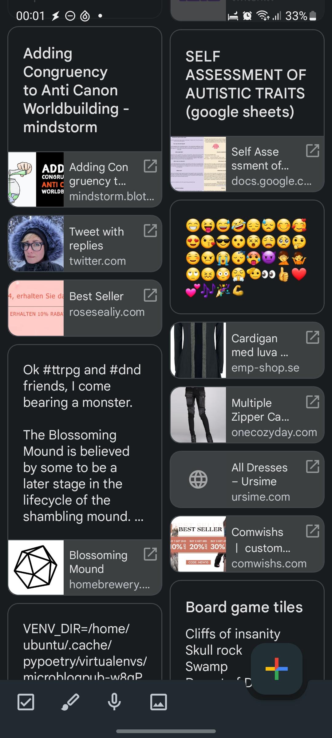 Screenshot of Google keep showing many notes arranged as cards in an infinite scrollable view